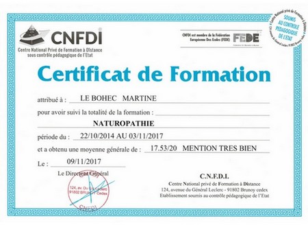Certificat Naturopathie Martine Le Bohec